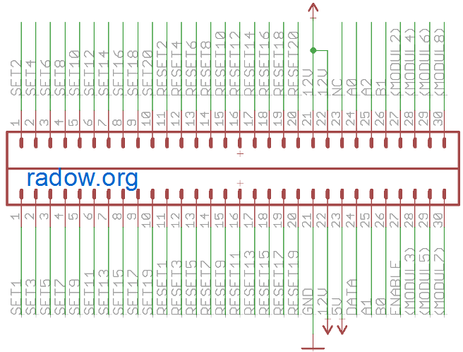 Original-Belegung des 60-poligen Flip-Dot Steckers auf den BROSE Modulen<br> "12V" muss im Original mit 24 Volt versorgt werden
