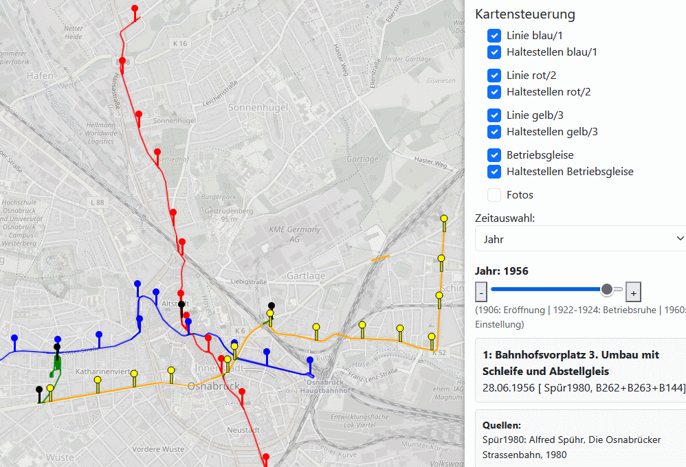 Bildschirmfoto der Weboberfläche zur Navigation im Streckenplan der Straßenbahn Osnabrück